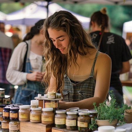 A young woman buying jam at a farmers market in the city.の素材
