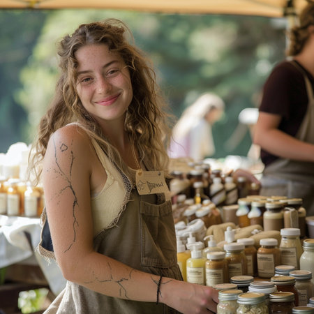 Young woman at a farmers market, selling jars of jam and butterの素材