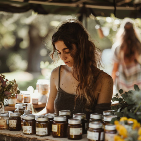 Young woman buying jam at a farmers market. Focus on foreground.の素材