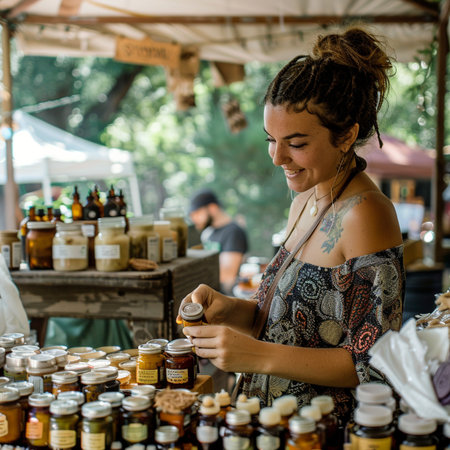 Portrait of a young woman buying medicine at a flea marketの素材