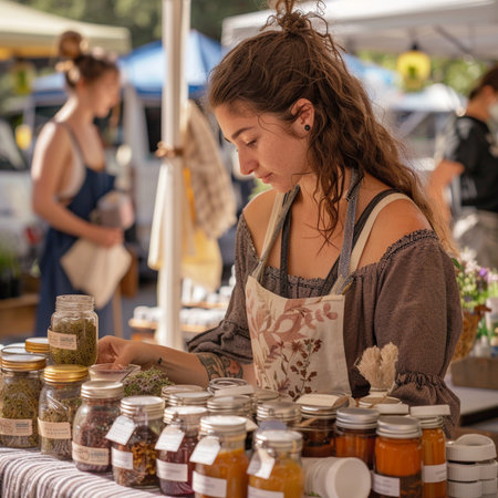 Young woman buying spices at a flea market in the city.の素材