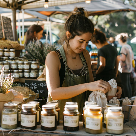 Young woman buying honey at a farmer's market in the city.の素材