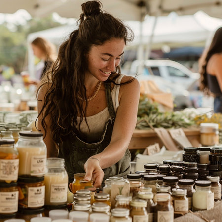 Young woman buying jam at a local farmers market in the city.の素材