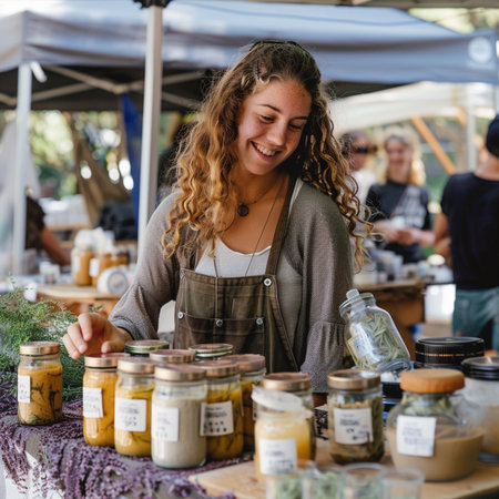 Young woman buying pickles at an outdoor farmers market. Focus on the jarの素材
