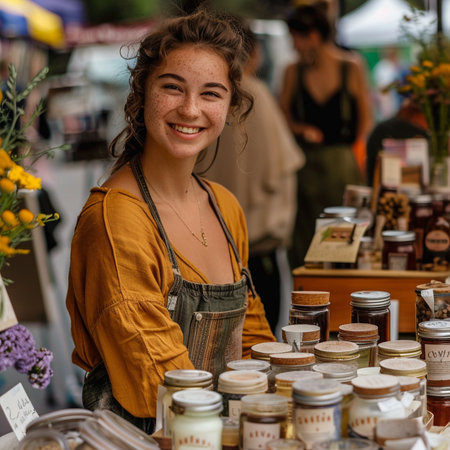 Young woman selling jars of jam at a farmers market in the city.の素材