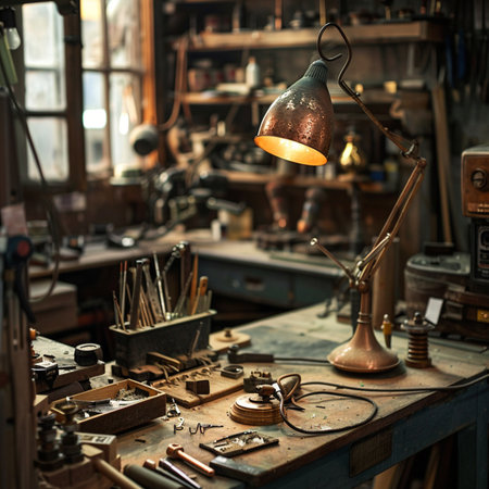 Vintage tools in the workshop of a shoemaker. Selective focus.の素材