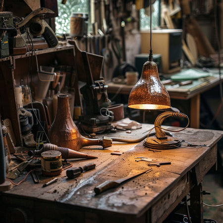 Vintage table lamp and tools in a shoemaker's workshop.の素材