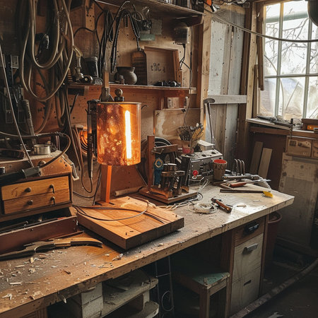 Vintage woodworking workshop interior with tools and equipment. Retro style toned pictureの素材