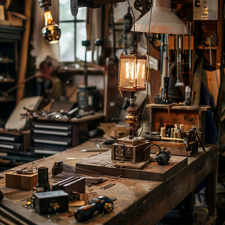 Interior of an old workshop with a lot of tools and instrumentsの素材