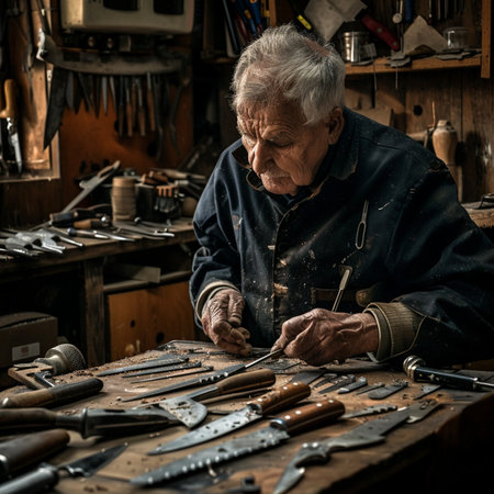 Old craftsman working with tools in his workshop. Selective focus.の素材