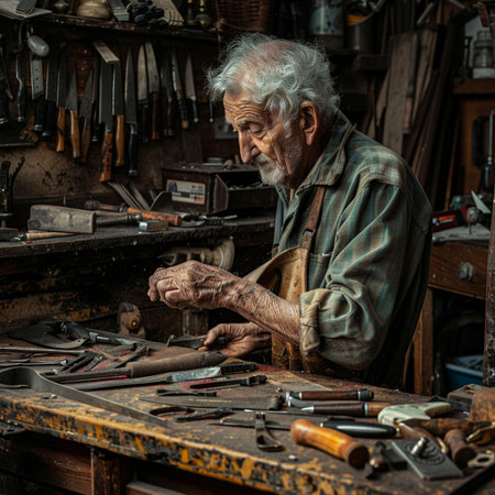 Old craftsman working in his workshop. Old craftsman is working in his workshop.の素材
