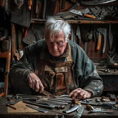 Old craftsman working with tools in his workshop. Selective focus.の素材