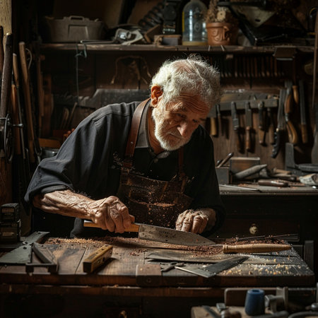 Old craftsman working in his workshop. Selective focus on hands.の素材
