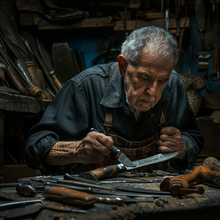 Old craftsman working in his workshop. Shot in a studio.の素材