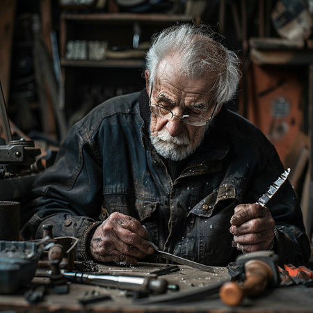 Old craftsman working in his workshop. Shot in a studio.の素材