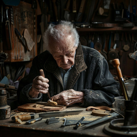 Old craftsman working in his workshop. Portrait of an old craftsman.の素材