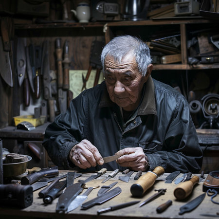 Old craftsman working with tools in his workshop. Selective focus.の素材