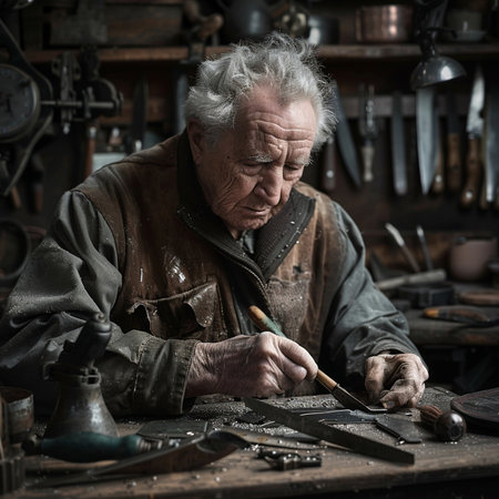 Portrait of an old craftsman working in his workshop. Vintage styles.の素材