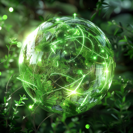 Glowing globe in green forest. 3D rendering and illustration.の素材