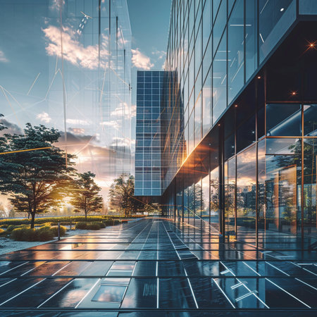 Modern office buildings in the city. 3d rendering toned image double exposureの素材