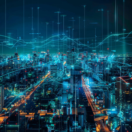 Modern city at night with digital graphs and charts, 3d renderingの素材