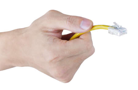 Hand with ethernet cable,Isolated on whiteの写真素材