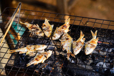 Traditional Laos style of cooking fish grillの写真素材