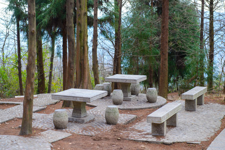 Picnic stone tables and benches on a backyard patio