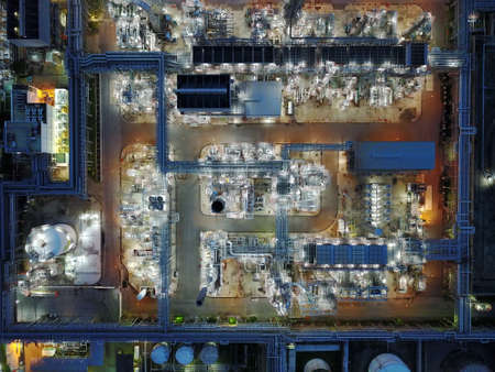Night aerial shot of oil Industryの写真素材