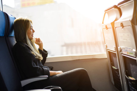 Young japanese woman traveling by trainの写真素材