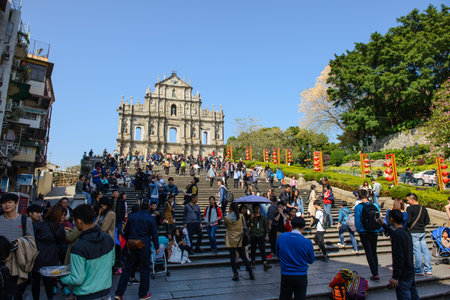 Macau - February 15, 2017 : Many people are taking photo with Ruins of St. Paul'son February 15, 2017のeditorial素材