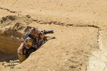 Leh, India - April 14, 2016 : Photographer behind sand dune in Leh ladakhのeditorial素材