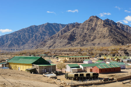 Leh, India - April 12, 2016 : Military barracks located at valley in Leh, Ladakh, India. Ladakh is the highest plateau in the state of Jammu & Kashmir with much of it being over 3,000mのeditorial素材
