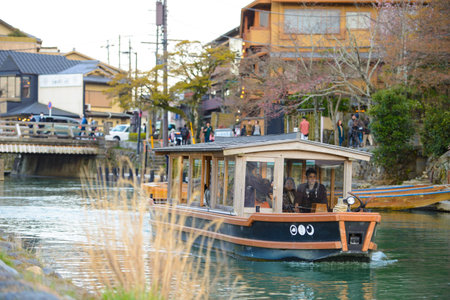 Kyoto, Japan - March 28, 2015 : Beautiful Katsura river with boat at Arashiyama, Kyotoのeditorial素材