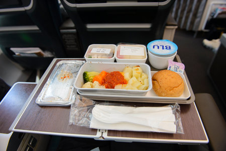 Singapore, Singapore - August 16, 2018 : In flight food served on Cathay Pacific economy classのeditorial素材