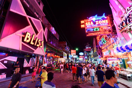 Chon Buri, Thailand - July 27, 2019 : Unidentified tourist walk through the walking street in Pattayaのeditorial素材