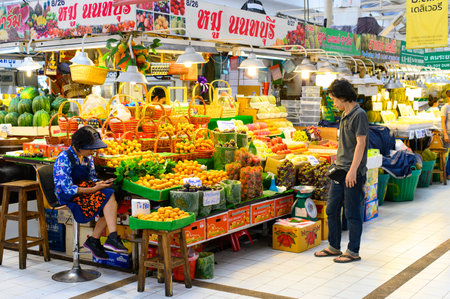Bangkok, Thailand - April 6, 2019 : Thai fruits sell at Or Tor Kor market in Bangkokのeditorial素材