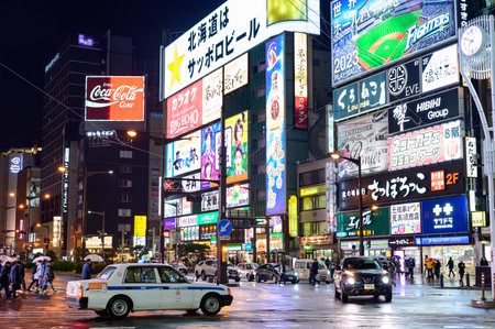 Sapporo, Japan - December 17, 2019 : Night scene of commercial buildings located at Susukino districtのeditorial素材