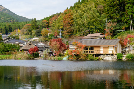 Yufuin, Japan - November 17, 2019 : Autumn in Lake Kinrin and Mount Yufuのeditorial素材