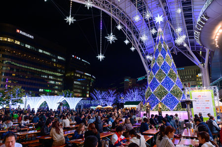 Fukuoka, Japan - November 12, 2019 : Many people in the christmas market at Hakata stationのeditorial素材