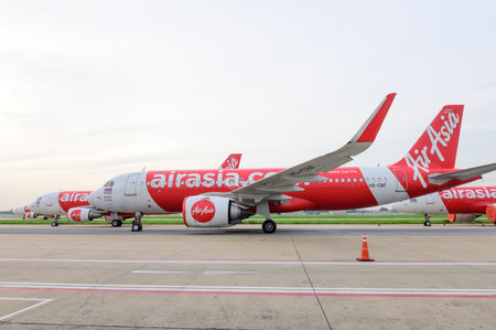 Bangkok, Thailand - July 20, 2020 : Stored AirAsia A320neo airplanes during covid-19 at Don Muang airportのeditorial素材