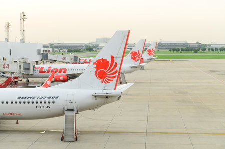 Bangkok, Thailand - July 22, 2020 : Tail of Thai Lion air airplane at Don Mueang airport