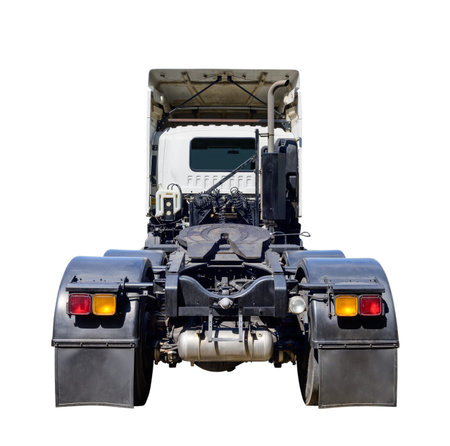 Rear view of semi trailer trucks on white background