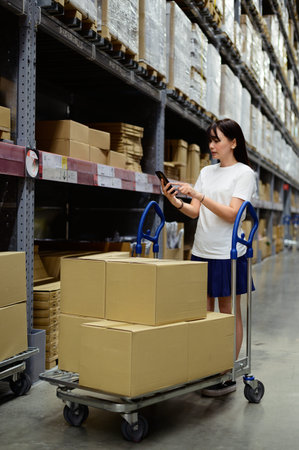 Portrait of asian woman using smartphone checking products in a furniture warehouse