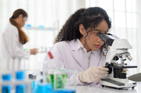 Young scientist looking in microscope while working on medical research in science laboratory