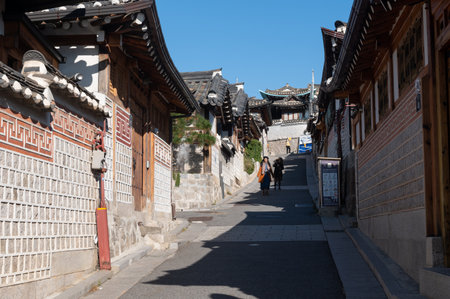 Seoul, Korea - November 4, 2022 : Old narrow street and traditional Korean houses of Bukchon Hanok villageのeditorial素材