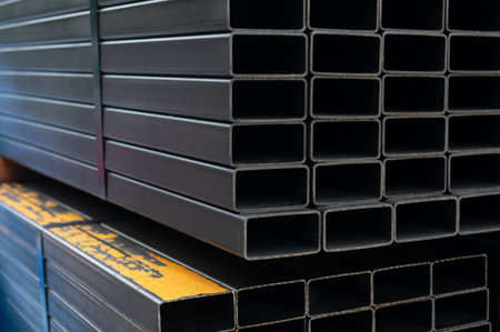 Stackâ ofâ square metal pipe backgroundの写真素材