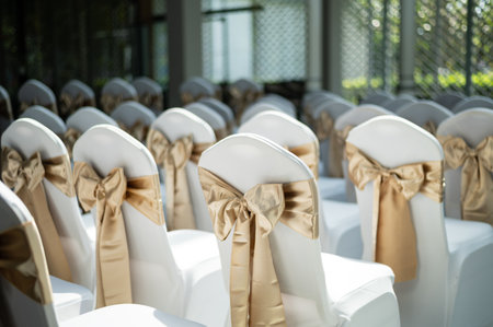 Elegant white wedding chairs with beautiful gold satin bowsの写真素材