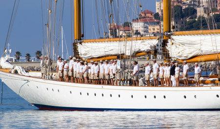 Imperia, Italy,15/09/2014: Sailboat with crew at work when go outside of the dock of Imperia