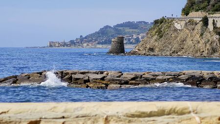 Ligurian coast with ancient towerの写真素材